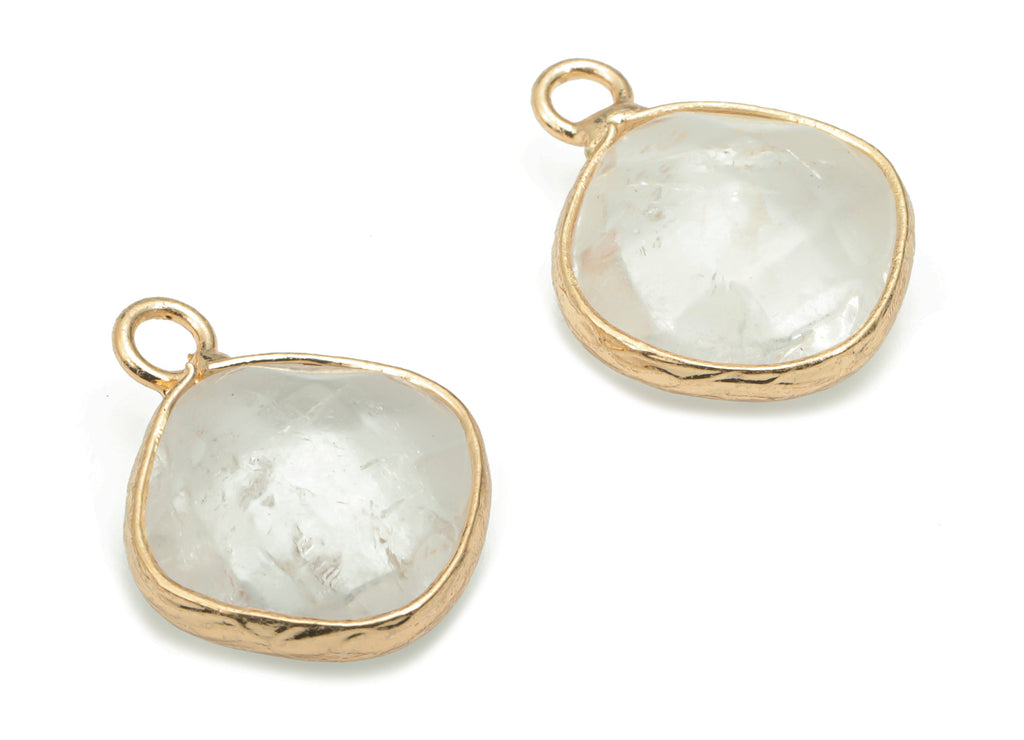 Clear Quartz Faceted Natural Stone Square Earring Charms - Brass Diamond Pendant - Gold Tone Plated Brass – 19.3x15.34x6.28mm – NS1637B - DOMEDBAZAAR
