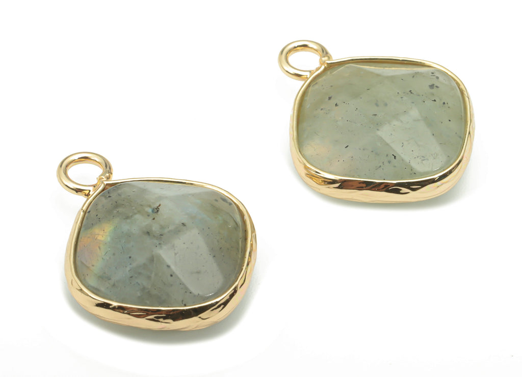 Labradorite Faceted Natural Stone Square Earring Charms - Brass Diamond Pendant - Gold Tone Plated Brass – 19.3x15.34x6.28mm – NS1637F - DOMEDBAZAAR