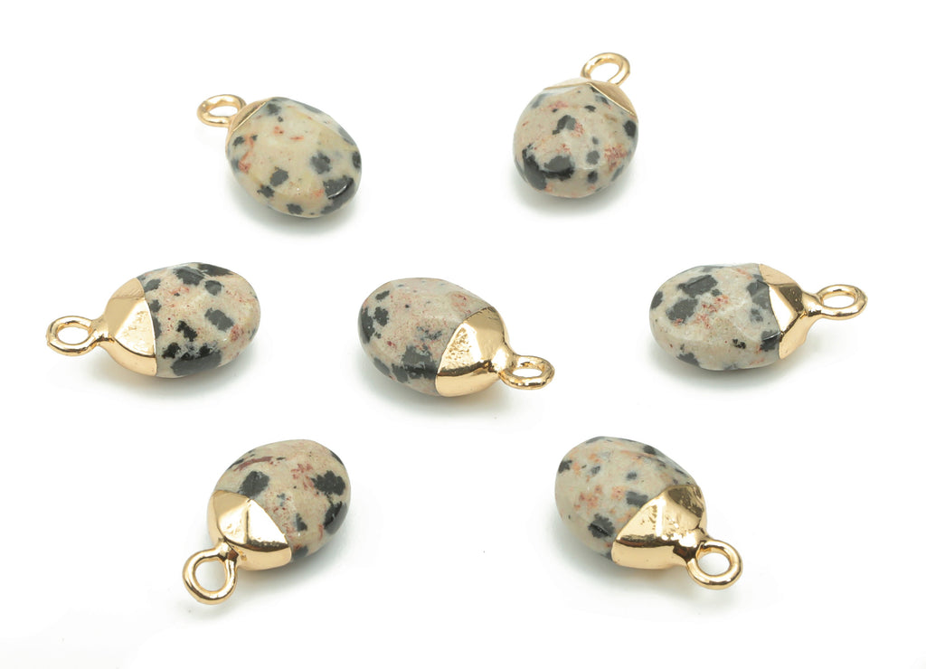 Dalmatian Jasper Natural Stone Earring Charms - Brass Oval Pendant - Gold Tone Plated Brass – Jewelry Supplies - 13.85x8.12x5.6mm – NS1644 - DOMEDBAZAAR