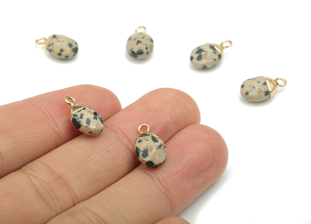 Dalmatian Jasper Natural Stone Earring Charms - Brass Oval Pendant - Gold Tone Plated Brass – Jewelry Supplies - 13.85x8.12x5.6mm – NS1644 - DOMEDBAZAAR