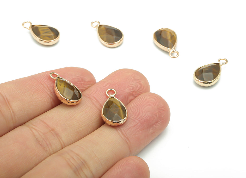 Tiger eye Faceted Natural Stone Drop Charms - Brass Teardrop Pendant - Gold Tone Plated Brass – Jewelry Supplies - 17.83x9.45x5mm– NS1626B - DOMEDBAZAAR