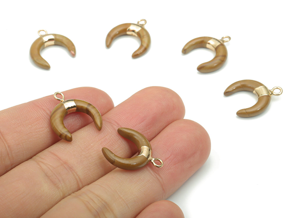 Picture Jasper Natural Stone Ox Horn Charms - Brass Crescent Pendant - Gold Tone Plated Brass – Jewelry Supplies - 16.9x14.8x3.8mm – NS1628F - DOMEDBAZAAR