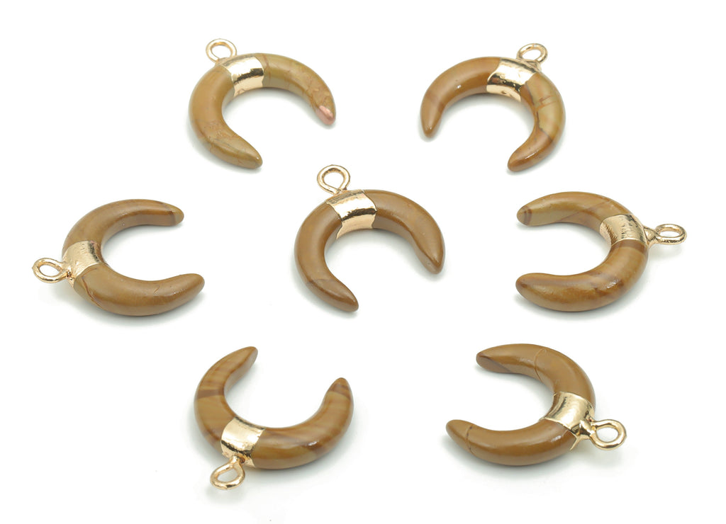 Picture Jasper Natural Stone Ox Horn Charms - Brass Crescent Pendant - Gold Tone Plated Brass – Jewelry Supplies - 16.9x14.8x3.8mm – NS1628F - DOMEDBAZAAR