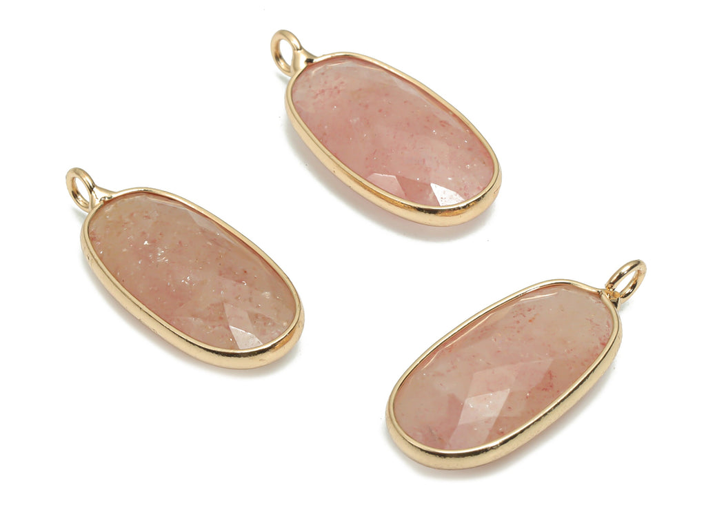 Strawberry Crystal Faceted Oval Earring Charms - Brass Oval Pendant - Natural Stone - Gold Tone Plated Brass – 25.39x11.28x5.54mm – NS1612 - DOMEDBAZAAR