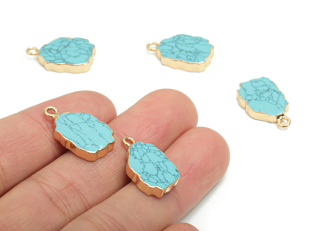 Blue Turquoise Irregular Earring Charms - Brass Irregular Pendant - Natural Stone - Gold Tone Plated Brass – 19.85x12.45x3.16mm – NS1614B - DOMEDBAZAAR