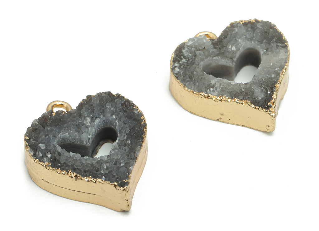 Druzy Dyed Quartz Crystal Heart Earring Charms - Brass Heart Pendant - Natural Stone - Gold Tone Plated Brass – 22.15x18.12x5.93mm – NS1601 - DOMEDBAZAAR