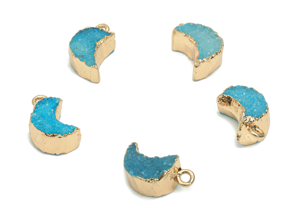 Druzy Dyed Quartz Crystal Crescent Earring Charms - Brass Moon Pendant - Natural Stone - Gold Tone Plated Brass – 16.42x9.68x6.35mm – NS1620 - DOMEDBAZAAR