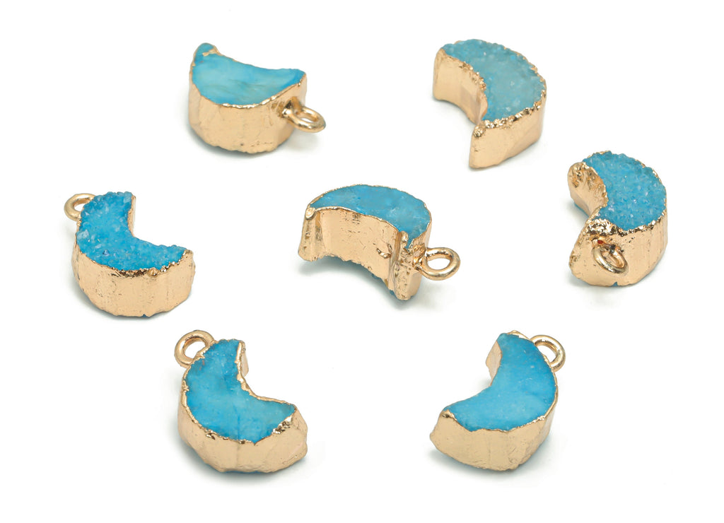 Druzy Dyed Quartz Crystal Crescent Earring Charms - Brass Moon Pendant - Natural Stone - Gold Tone Plated Brass – 16.42x9.68x6.35mm – NS1620 - DOMEDBAZAAR