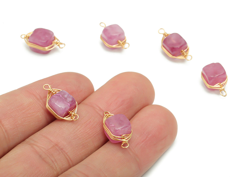 Pink Jade Earring Connector - Brass Wire Wrapped Square Pendant - Natural Stone - Gold Tone Plated Brass – 18.32x7.8x6.98mm – NS1613B - DOMEDBAZAAR