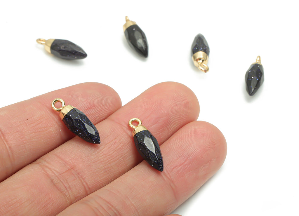 Blue Goldstone Faceted Spike Earring Charms - Brass Stick Pendant - Natural Stone - Gold Tone Plated Brass – 19.56x5.98x5.98mm – NS1621B - DOMEDBAZAAR