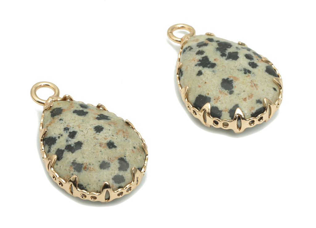 Dalmatian Jasper Stone Teardrop Charms - Brass Wire Drop Pendant - Natural Stone - Gold Tone Plated Brass – 23.58x13.79x5.9mm – NS1609A - DOMEDBAZAAR