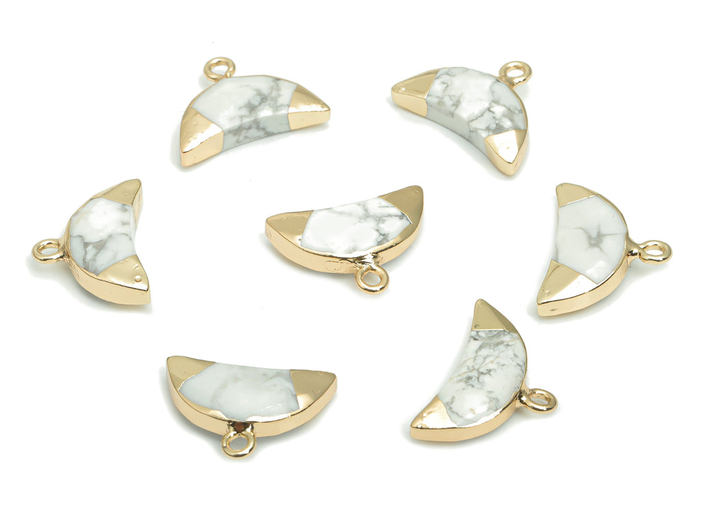 Howlite Crescent Horn Earring Charms - Brass Moon Pendant - Natural Stone - Gold Tone Plated Brass – 18.32x13.43x4.74mm– NS1617C - DOMEDBAZAAR