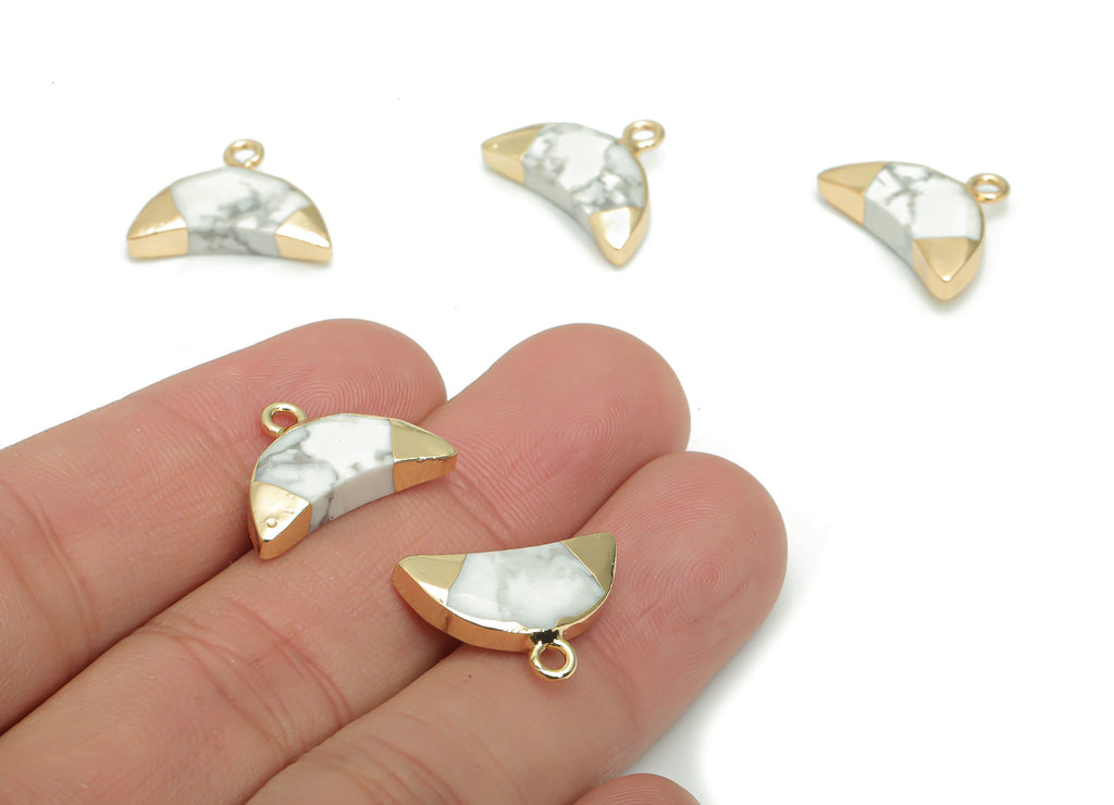 Howlite Crescent Horn Earring Charms - Brass Moon Pendant - Natural Stone - Gold Tone Plated Brass – 18.32x13.43x4.74mm– NS1617C - DOMEDBAZAAR