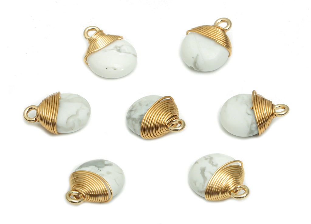 White Turquoise Round Earring Charms - Brass Circle Pendant - Brass Wire Wrapped - Gold Tone Plated Brass – 13.79x10.33x5.98mm – NS1608B - DOMEDBAZAAR