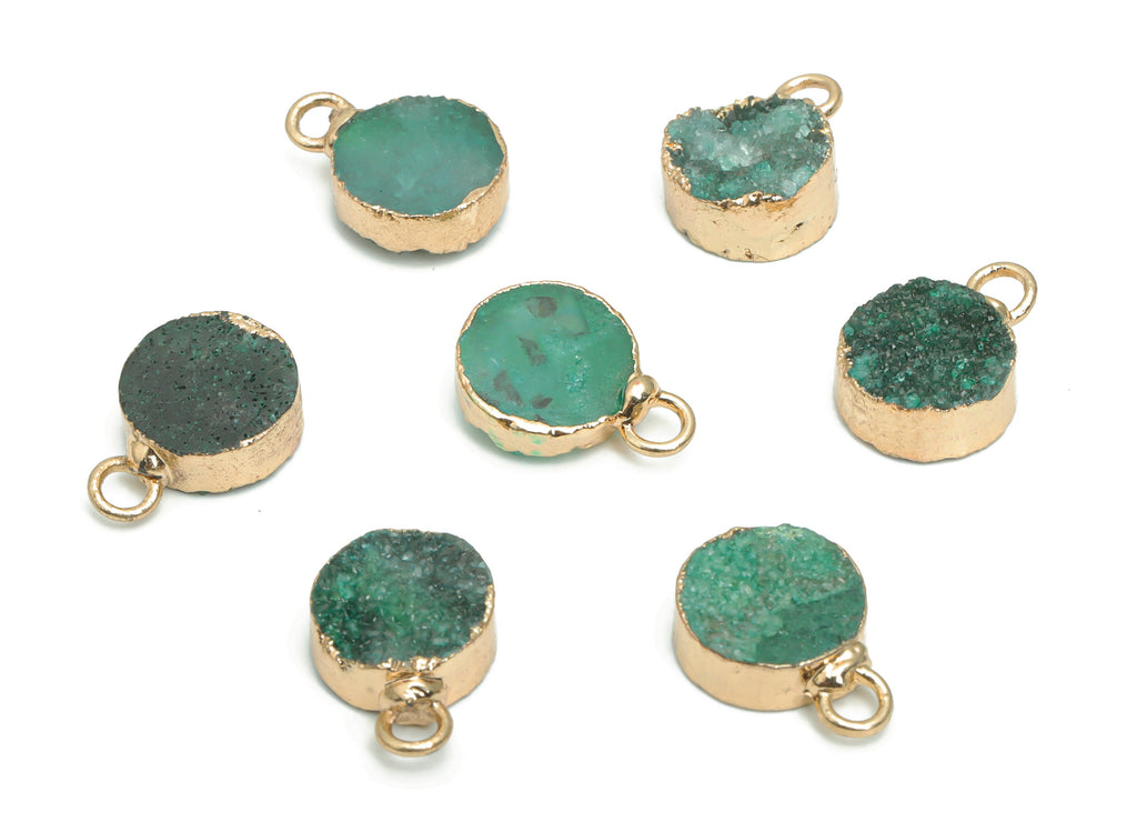 Druzy Green Quartz Round Earring Charms - Brass Wire Circle Pendant - Natural Stone - Gold Tone Plated Brass – 13.79x10.33x6mm – NS1615 - DOMEDBAZAAR