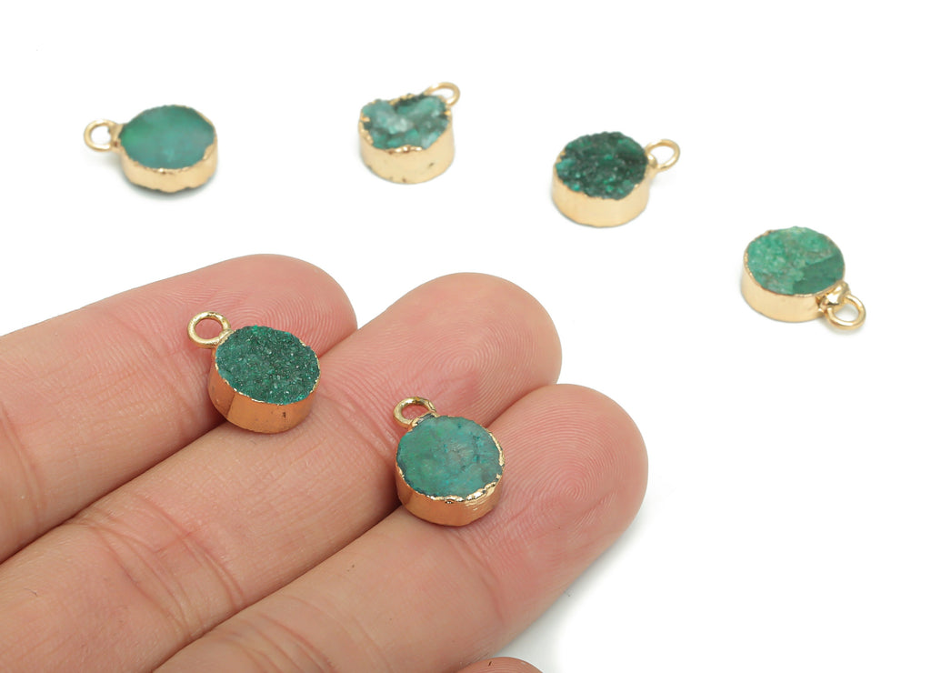 Druzy Green Quartz Round Earring Charms - Brass Wire Circle Pendant - Natural Stone - Gold Tone Plated Brass – 13.79x10.33x6mm – NS1615 - DOMEDBAZAAR
