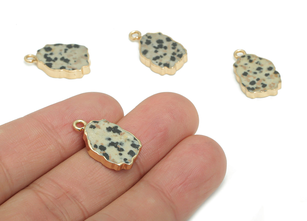 Dalmatian Jasper Stone Earring Charms - Brass Wire Irregular Pendant - Natural Stone - Gold Tone Plated Brass – 19.9x12.5x3.2mm – NS1614A - DOMEDBAZAAR
