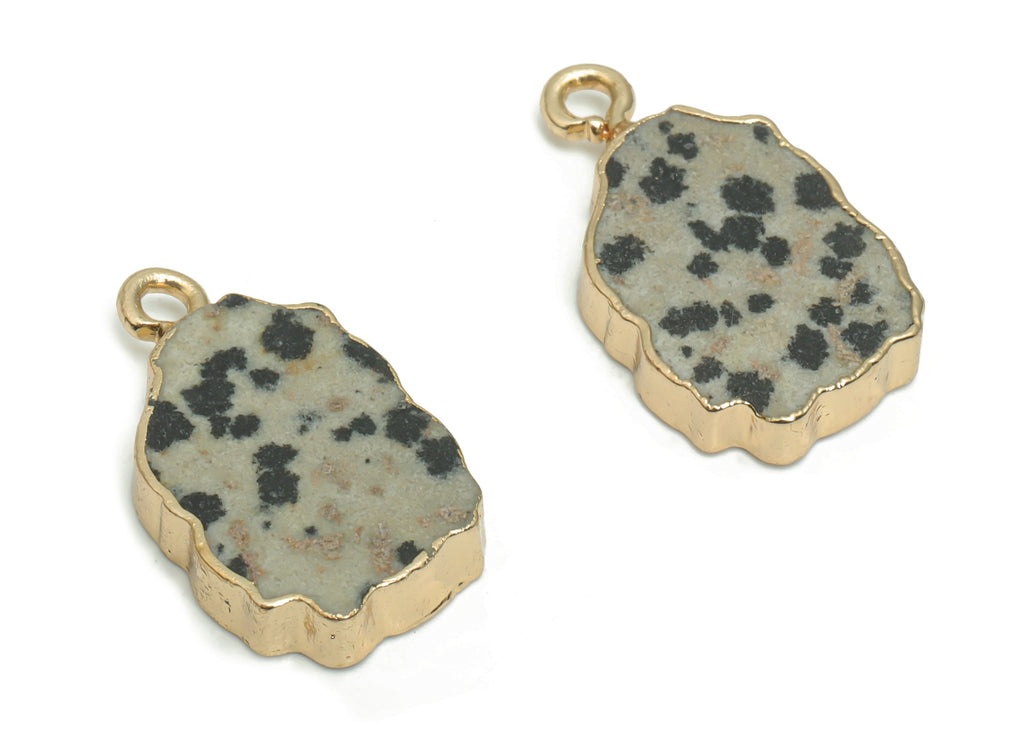 Dalmatian Jasper Stone Earring Charms - Brass Wire Irregular Pendant - Natural Stone - Gold Tone Plated Brass – 19.9x12.5x3.2mm – NS1614A - DOMEDBAZAAR