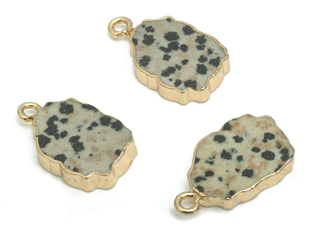 Dalmatian Jasper Stone Earring Charms - Brass Wire Irregular Pendant - Natural Stone - Gold Tone Plated Brass – 19.9x12.5x3.2mm – NS1614A - DOMEDBAZAAR