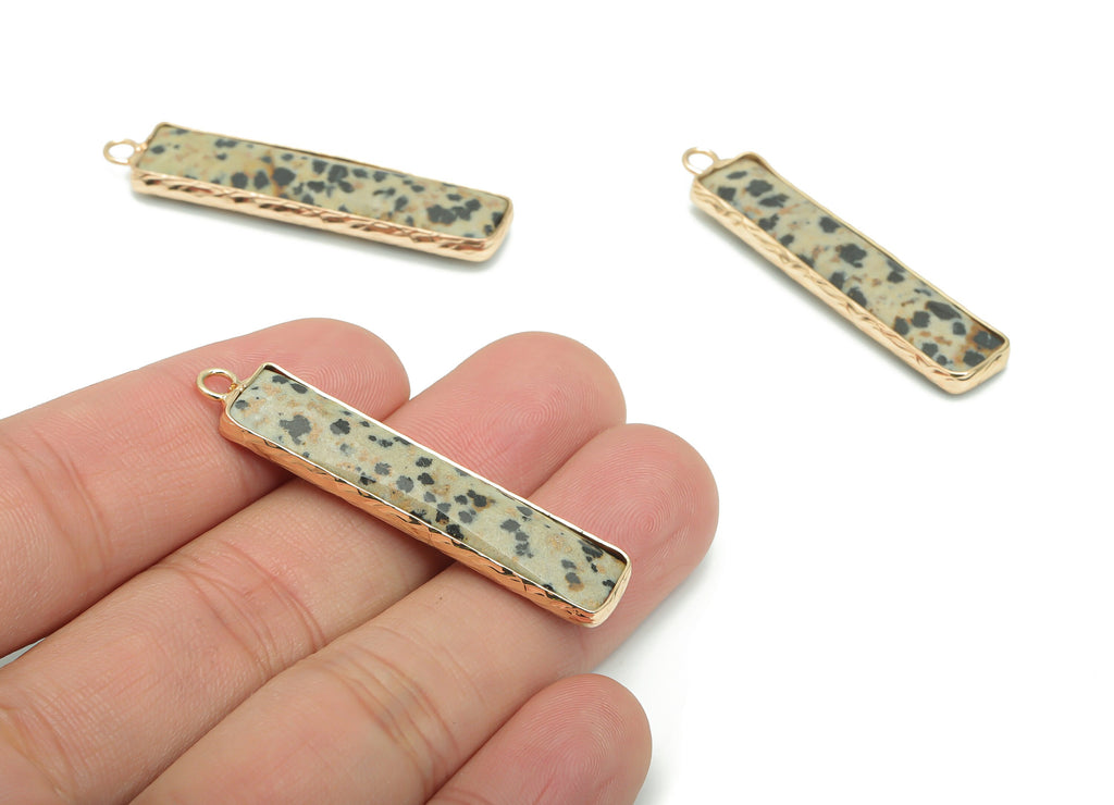Dalmatian Jasper Stone Bar Stick Charms - Brass Wire Rectangle Pendant - Natural Stone - Gold Tone Plated Brass – 45.28x9.53x5.02mm – NS1625 - DOMEDBAZAAR