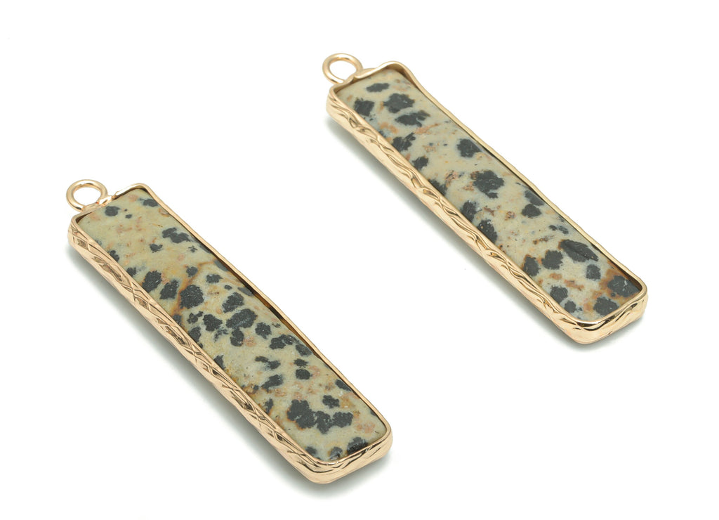 Dalmatian Jasper Stone Bar Stick Charms - Brass Wire Rectangle Pendant - Natural Stone - Gold Tone Plated Brass – 45.28x9.53x5.02mm – NS1625 - DOMEDBAZAAR