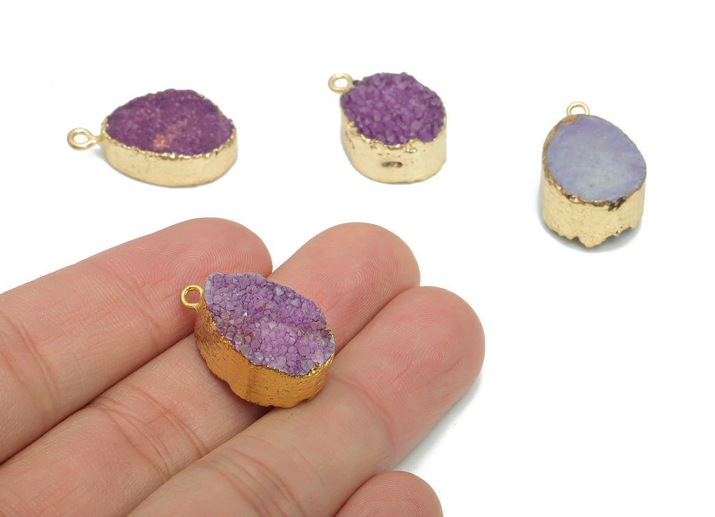Druzy Dyed Quartz Crystal Oval Earring Charms - Brass Oval Pendant - Natural Stone - Gold Tone Plated Brass – 24.12x15.06x9.06mm – NS1618 - DOMEDBAZAAR