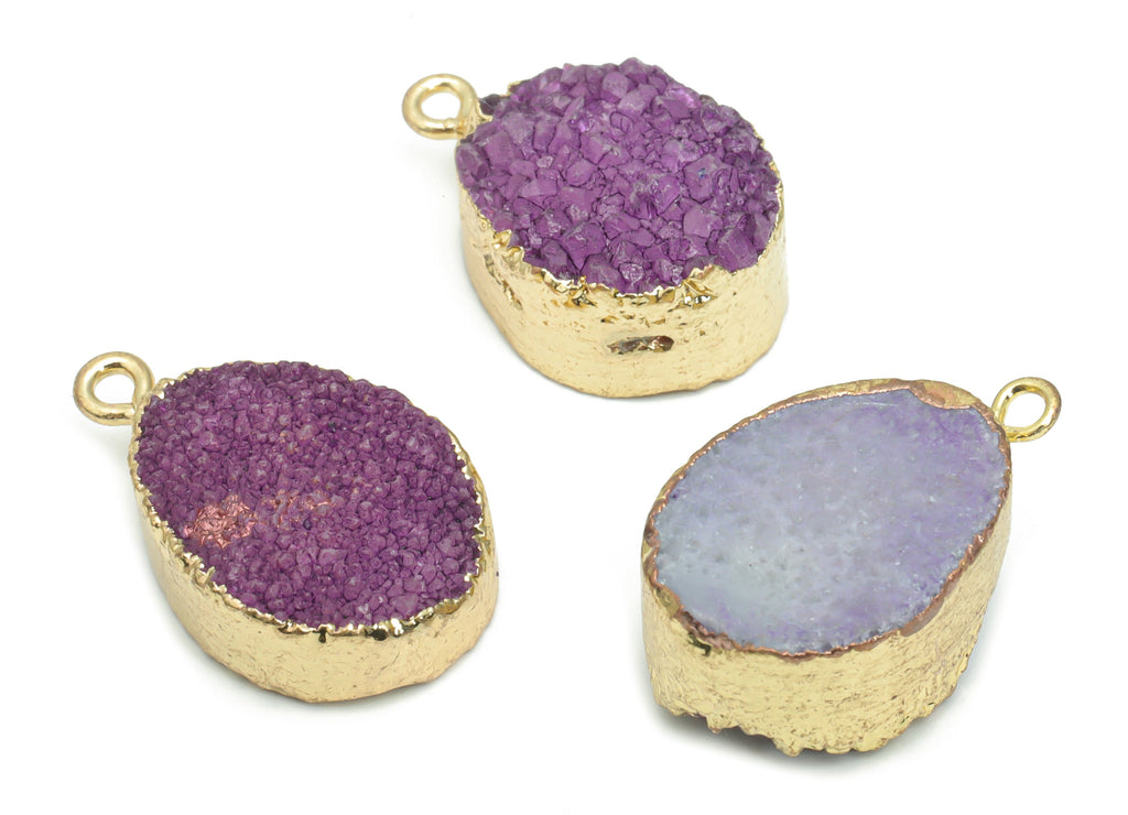 Druzy Dyed Quartz Crystal Oval Earring Charms - Brass Oval Pendant - Natural Stone - Gold Tone Plated Brass – 24.12x15.06x9.06mm – NS1618 - DOMEDBAZAAR