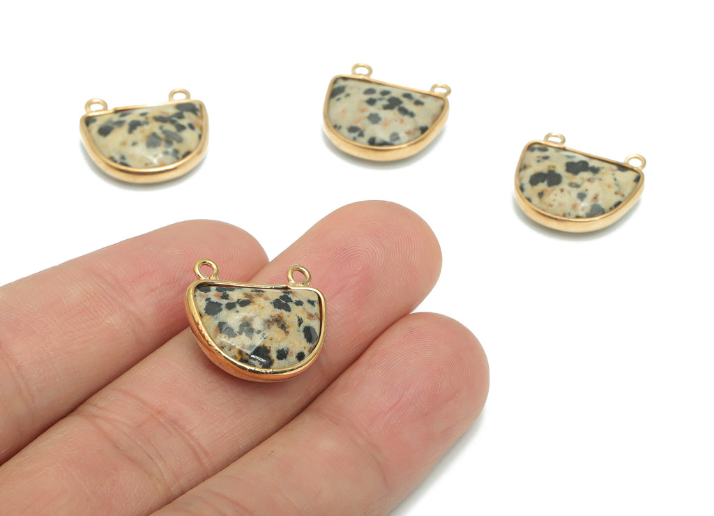 Dalmatian Jasper Stone Domed Connectors - Brass Semicircle Pendant - Natural Stone - Gold Tone Plated Brass – 17.62x16.62x6.36mm – NS1607D - DOMEDBAZAAR