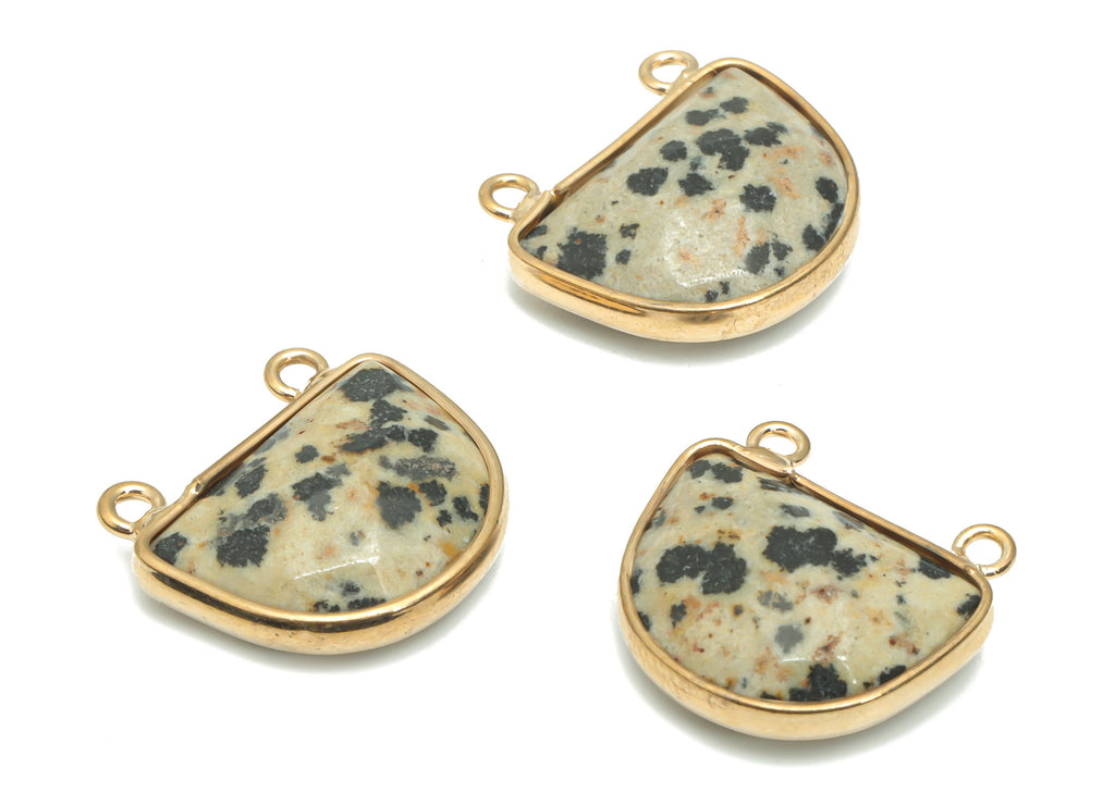 Dalmatian Jasper Stone Domed Connectors - Brass Semicircle Pendant - Natural Stone - Gold Tone Plated Brass – 17.62x16.62x6.36mm – NS1607D - DOMEDBAZAAR