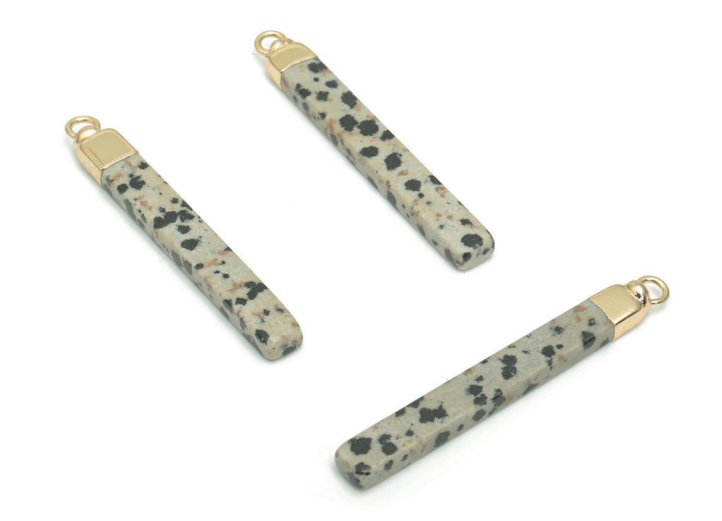 Dalmatian Jasper Stick Earring Charms - Brass Rectangle Bar Pendant - Natural Stone - Gold Tone Plated Brass – 44.92x5.57x3.35mm – NS1603B - DOMEDBAZAAR