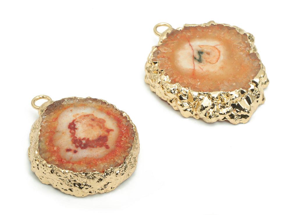 Crystal Flower Round Earring Charms - Brass Wire Circle Pendant - Natural Stone - Gold Tone Plated Brass – 26.12x21.83x6.23mm – NS1599B - DOMEDBAZAAR