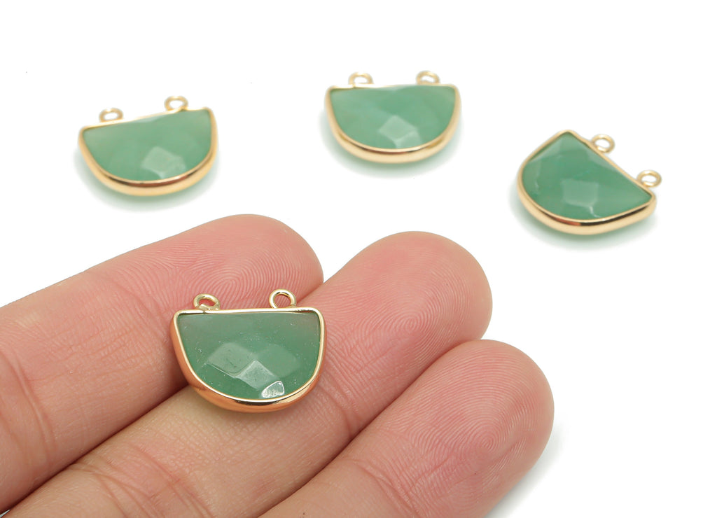 Aventurine Domed Faceted Stone Earring Connectors - Brass Semicircle Pendant - Gold Tone Plated Brass – 17.62x16.62x6.36mm – NS1607C - DOMEDBAZAAR
