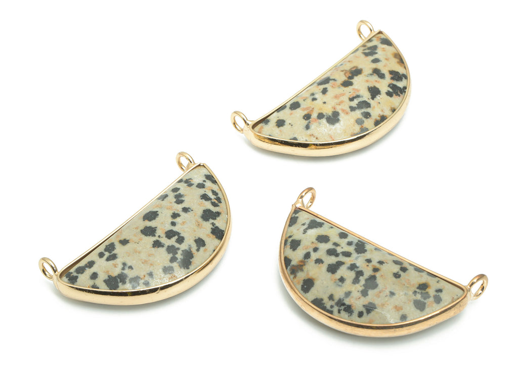 Dalmatian Jasper Semicircle Earring Connectors - Brass Half Moon Pendant - Natural Stone - Gold Tone Plated Brass – 31.72x15.8x6mm – NS1624A - DOMEDBAZAAR