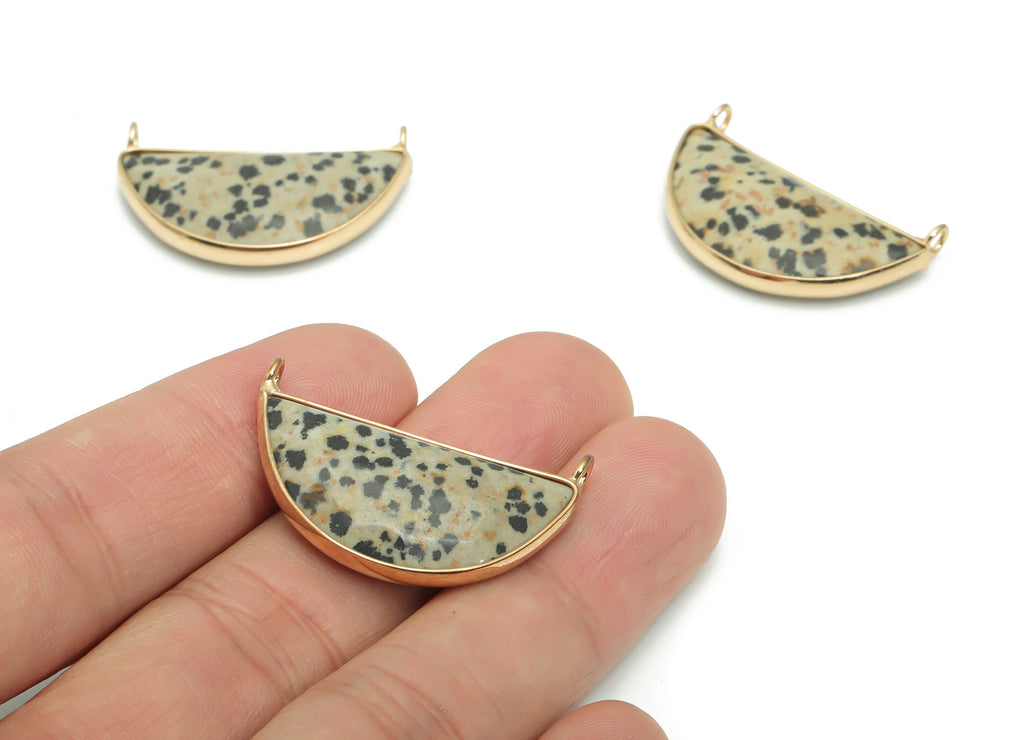 Dalmatian Jasper Semicircle Earring Connectors - Brass Half Moon Pendant - Natural Stone - Gold Tone Plated Brass – 31.72x15.8x6mm – NS1624A - DOMEDBAZAAR