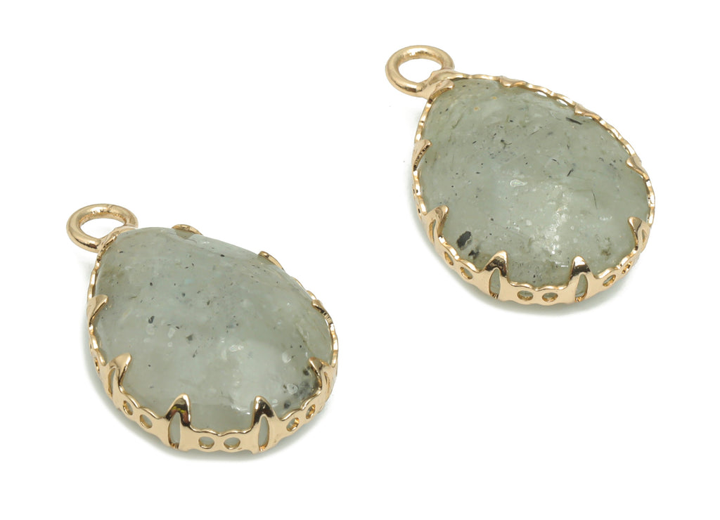 Gray Labradorite Teardrop Earring Charms - Brass Wire Drop Pendant - Natural Stone - Gold Tone Plated Brass – 21x13.43x6.36mm – NS1610 - DOMEDBAZAAR