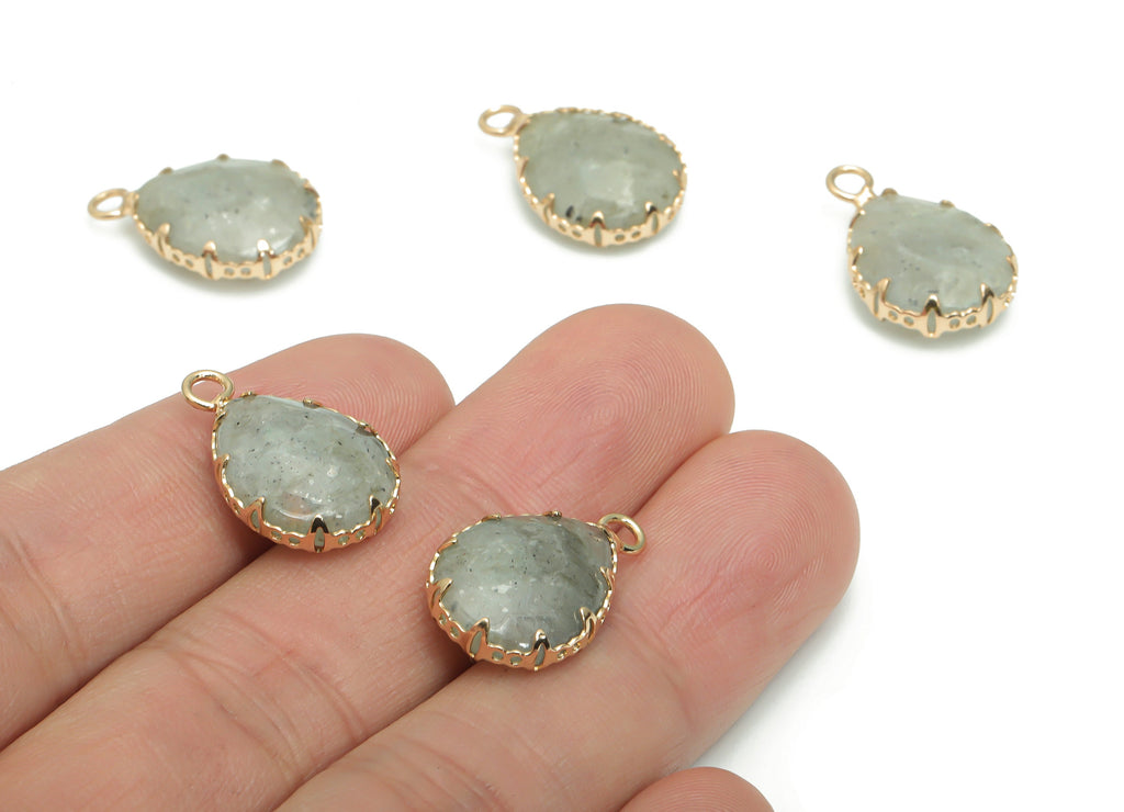 Gray Labradorite Teardrop Earring Charms - Brass Wire Drop Pendant - Natural Stone - Gold Tone Plated Brass – 21x13.43x6.36mm – NS1610 - DOMEDBAZAAR
