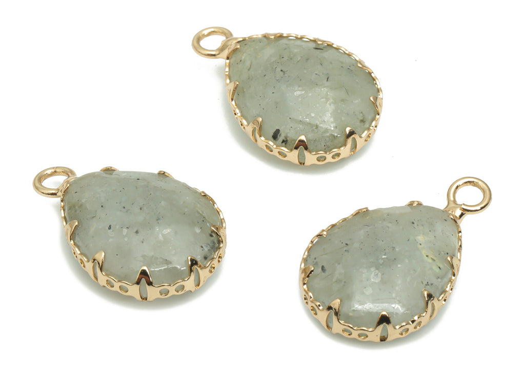 Gray Labradorite Teardrop Earring Charms - Brass Wire Drop Pendant - Natural Stone - Gold Tone Plated Brass – 21x13.43x6.36mm – NS1610 - DOMEDBAZAAR