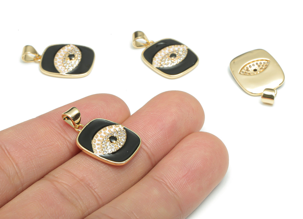 Brass Square Eye Earring Charms With Zircons - Enamel Gold Square Eyelash Pendant - 18K Real Gold Plated Brass - 24.43x14.6x3.4mm - RGP4298B - DOMEDBAZAAR