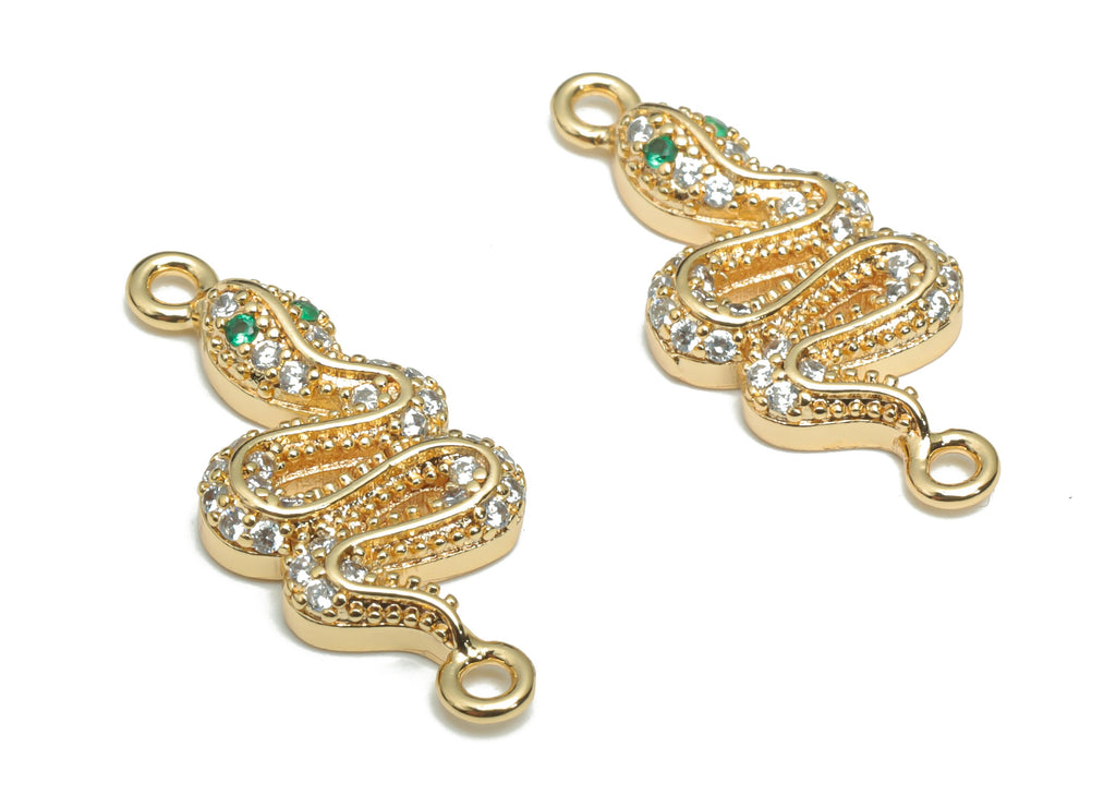 Brass Snake Earring Connectors With Zircons - Gold Snake Charms and Pendant - 18K Real Gold Plated Brass - 23.77x10.03x3.22mm - RGP4313 - DOMEDBAZAAR