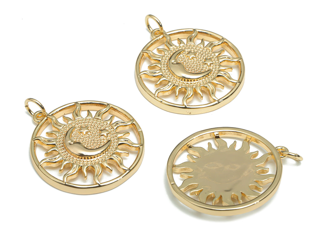 Brass Round Sun Planet Crescent Earring Charms - Gold Moon Star Circle Pendant - 18K Real Gold Plated Brass - 26.62x21.78x3.58mm - RGP4318 - DOMEDBAZAAR
