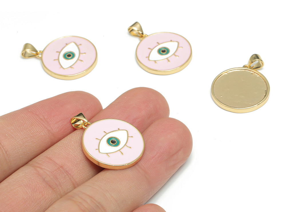 Brass Round Eye Charms With Zincon - Enamel Eyelash Circle Pendant - 18K Real Gold Plated - Jewelry Supplies - 26.95x20.03x2.01mm - RGP4339D - DOMEDBAZAAR