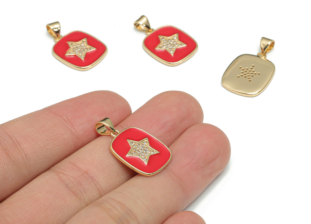 Brass Square Star Charms With Zincons - Enamel Star Square Pendant - 18K Real Gold Plated - Jewelry Supplies - 24.41x14.8x1.7mm - RGP4340B - DOMEDBAZAAR