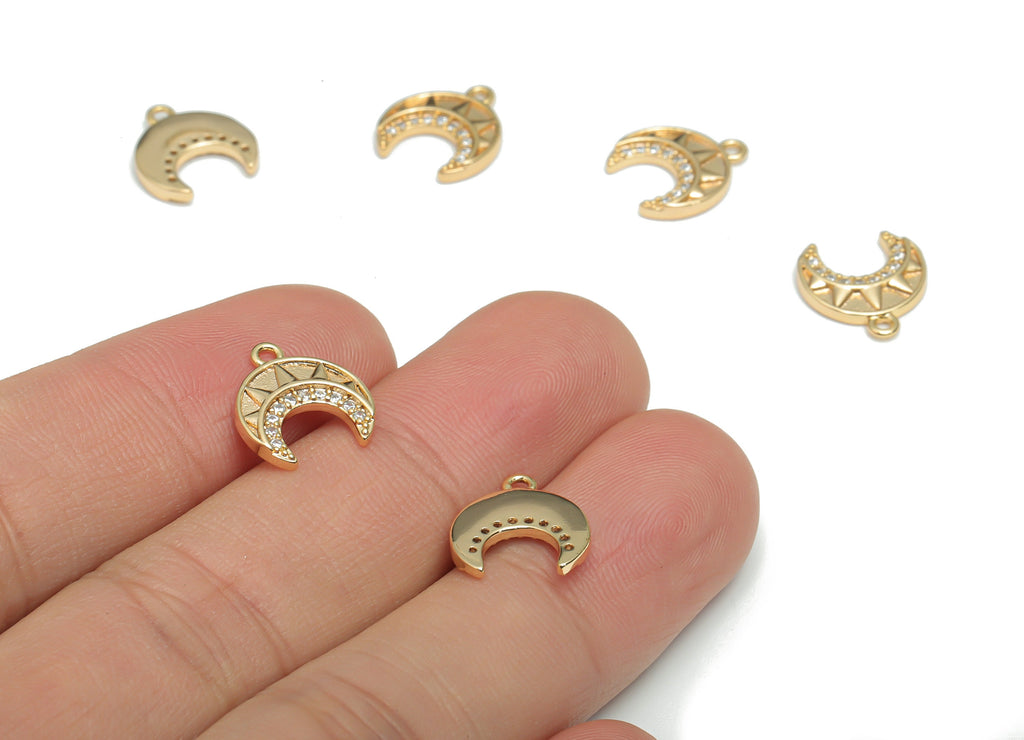 Brass Crescent Charms With Zircons - Gold Moon Sun Pendant - 18K Real Gold Plated Brass - Jewelry Supplies - 12.47x11.28x1.81mm - RGP4331 - DOMEDBAZAAR