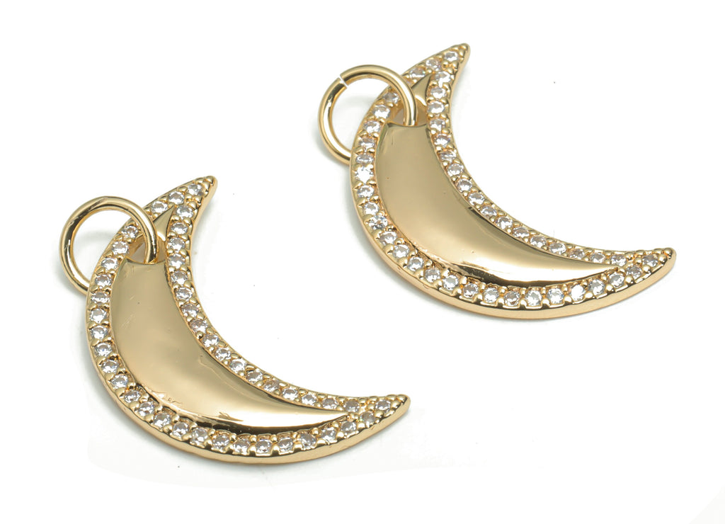 Brass Crescent Earring Charms With Zircons - Gold Moon Pendant - 18K Real Gold Plated Brass - Jewelry Supplies - 21.45x13.61x2.1mm - RGP4344 - DOMEDBAZAAR
