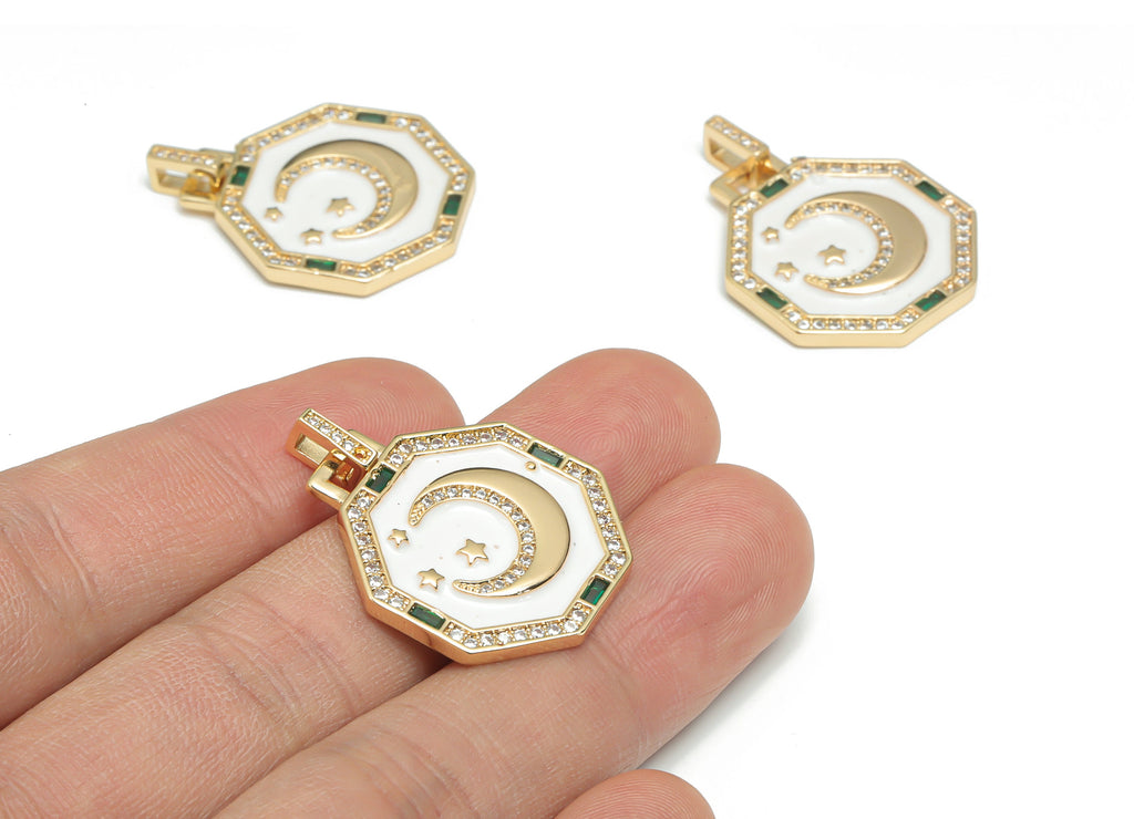 Brass Hexagon Crescent Planet Charms With Zincons - Enamel Moon Star Hexagon Pendant - 18K Real Gold Plated - 31.79x23.7x2.63mm - RGP4341A - DOMEDBAZAAR