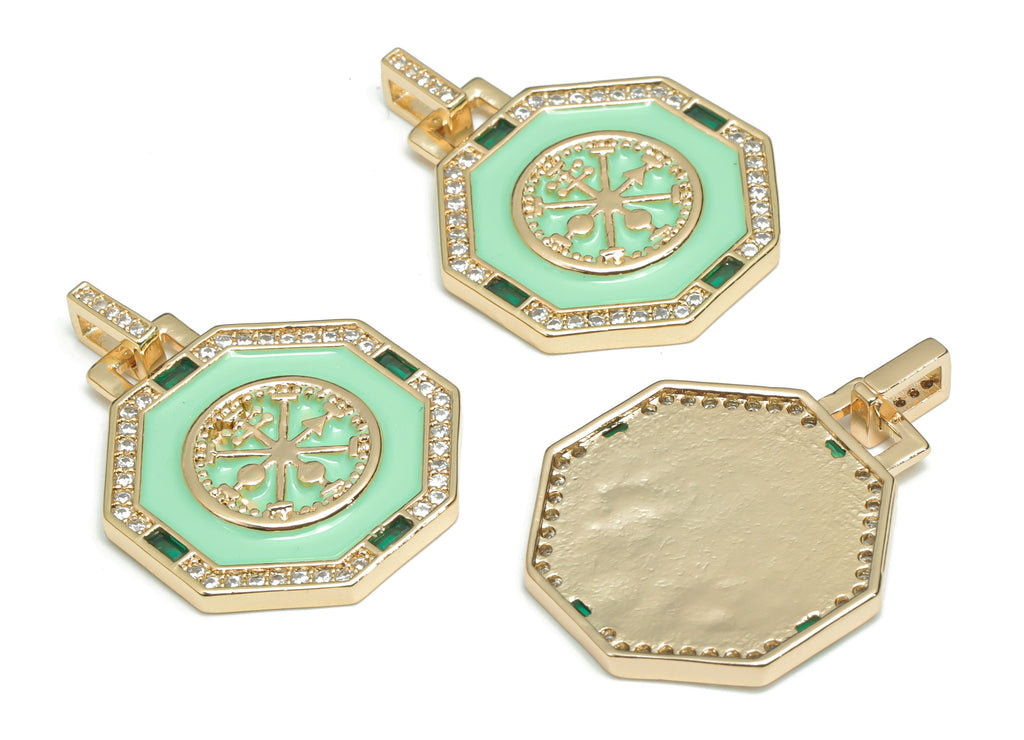 Brass Hexagon Round Earring Charms With Zincons - Enamel Arrow Hexagon Pendant - 18K Real Gold Plated - 31.79x23.7x2.63mm - RGP4341C - DOMEDBAZAAR