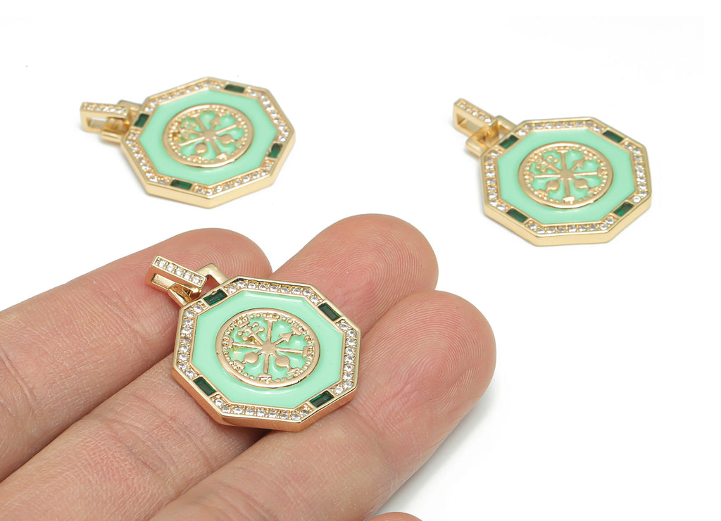 Brass Hexagon Round Earring Charms With Zincons - Enamel Arrow Hexagon Pendant - 18K Real Gold Plated - 31.79x23.7x2.63mm - RGP4341C - DOMEDBAZAAR