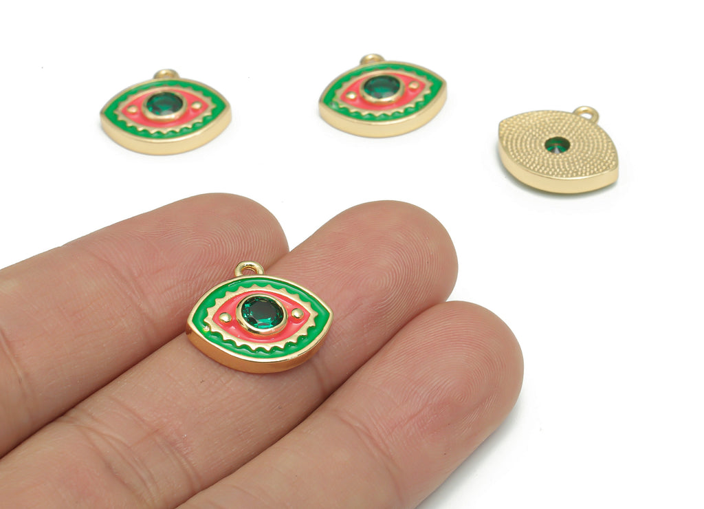 Brass Eye Charms With Zircons - Enamel Gold Eyelash Pendant - 18K Real Gold Plated Brass - Jewelry Supplies - 16.65x15.24x3.64mm - RGP4297D - DOMEDBAZAAR