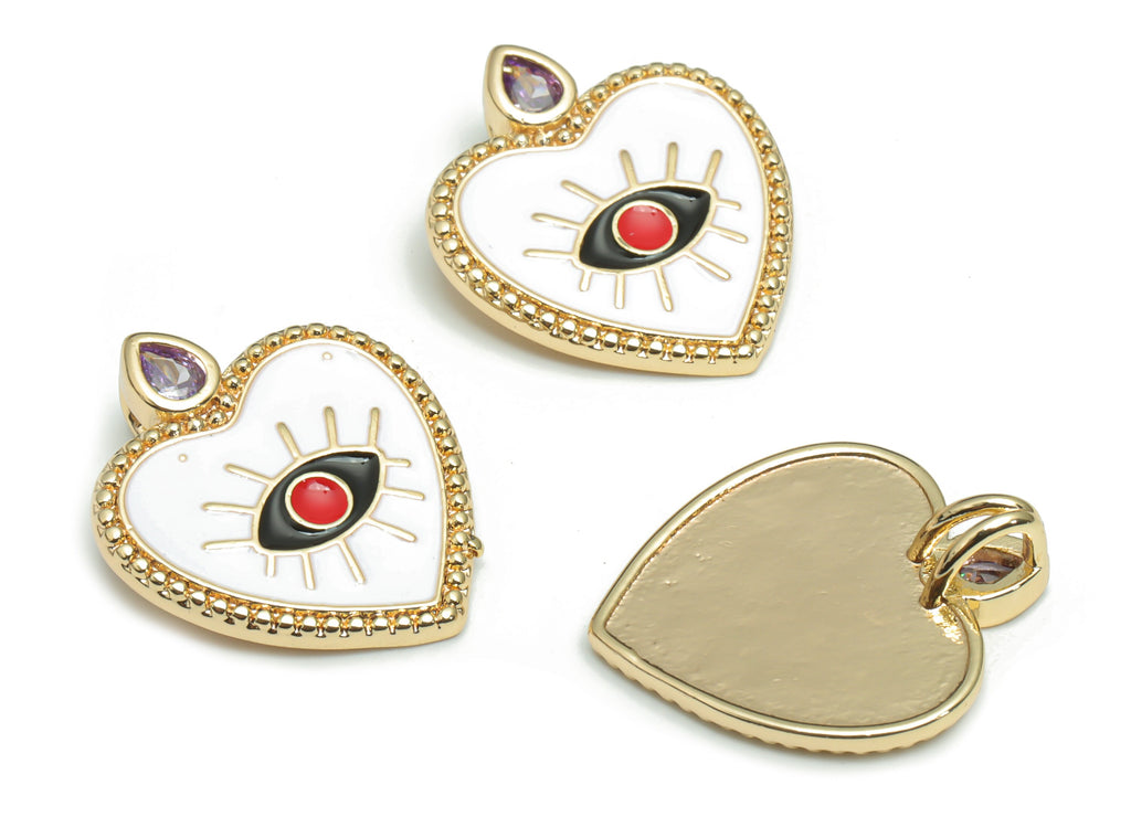 Brass Heart Eye Charms With Zincons - Enamel Eyelash Heart Pendant - 18K Real Gold Plated - Jewelry Supplies - 22.2x18.81x1.97mm - RGP4295B - DOMEDBAZAAR