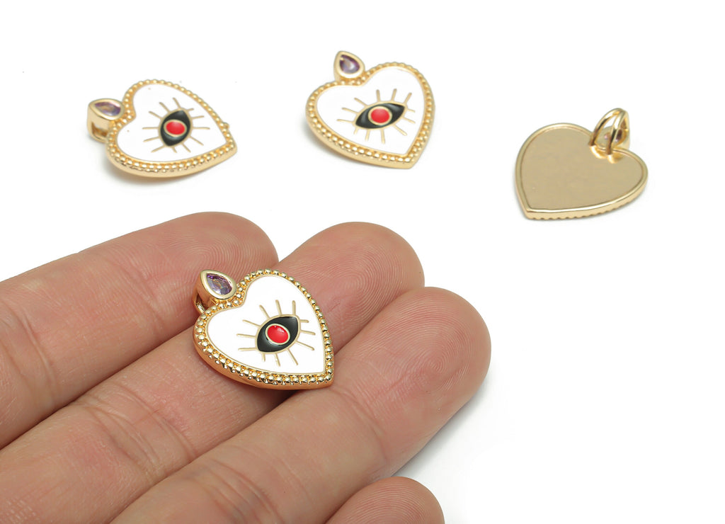 Brass Heart Eye Charms With Zincons - Enamel Eyelash Heart Pendant - 18K Real Gold Plated - Jewelry Supplies - 22.2x18.81x1.97mm - RGP4295B - DOMEDBAZAAR